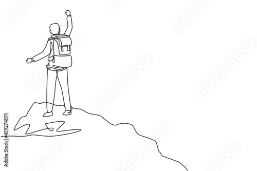 Single continuous line drawing cheerful man rising hands after climbing a peak of mountain. Concept of happy success achieving goals theme. Dynamic one line draw graphic design vector illustration