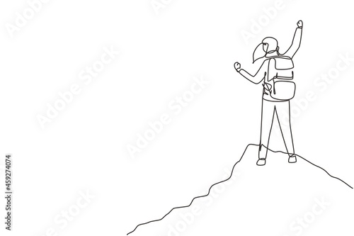 Single one line drawing cheerful woman rising hands after climbing a peak of mountain. Concept of happy success achieving goals theme. Modern continuous line draw design graphic vector illustration