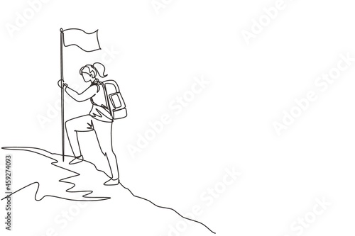 Continuous one line drawing young woman with backpack standing on top of the mountain, female tourist hiking on nature, summer holidays adventure. Single line draw design vector graphic illustration