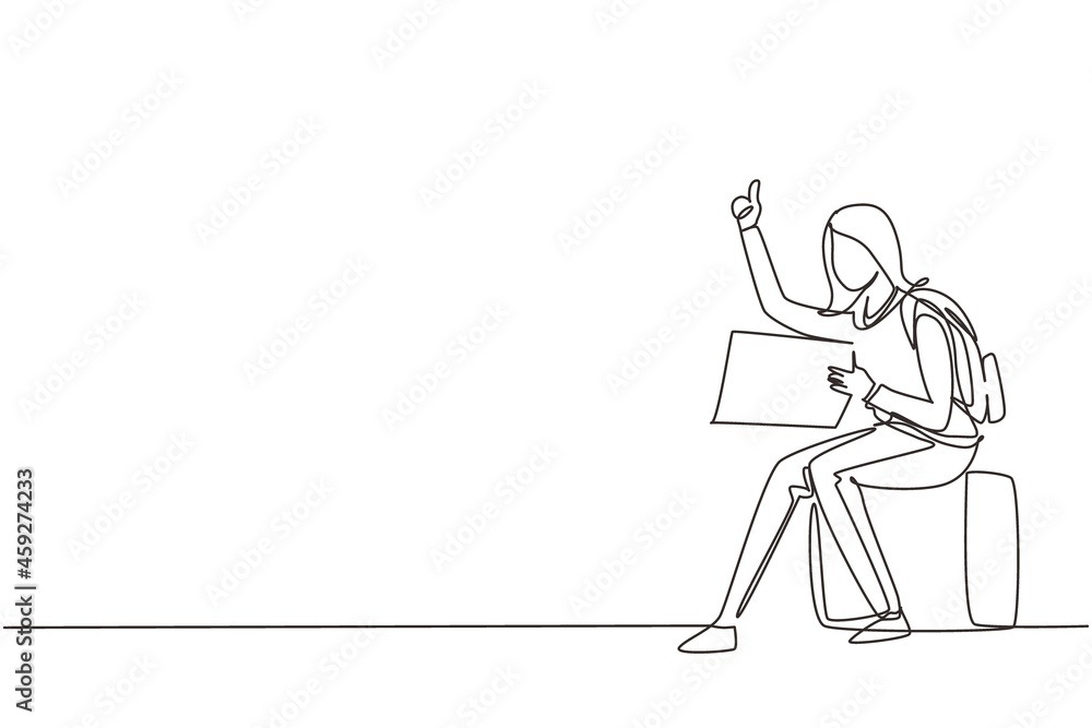 Single one line drawing woman with backpacks sitting near road and hitchhiking. Female thumbing or hitching ride. Adventure travel, road trip, tourism. Continuous line draw design vector illustration