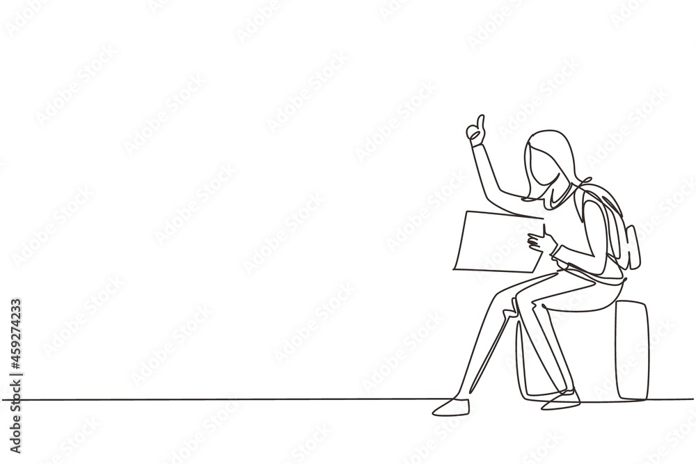 Single one line drawing woman with backpacks sitting near road and hitchhiking. Female thumbing or hitching ride. Adventure travel, road trip, tourism. Continuous line draw design vector illustration Single one line drawing woman with backpacks sitting near road and hitchhiking. Female thumbing or hitching ride. Adventure travel, road trip, tourism. Continuous line draw design vector illustration