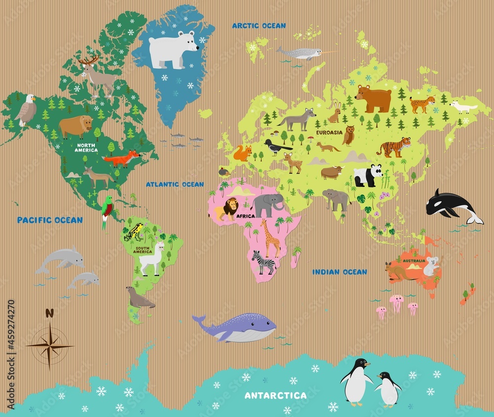 Naklejka premium animal map of the world with for children, vector flat illustration, cartoon poster on carton background, eco or natural design for kids