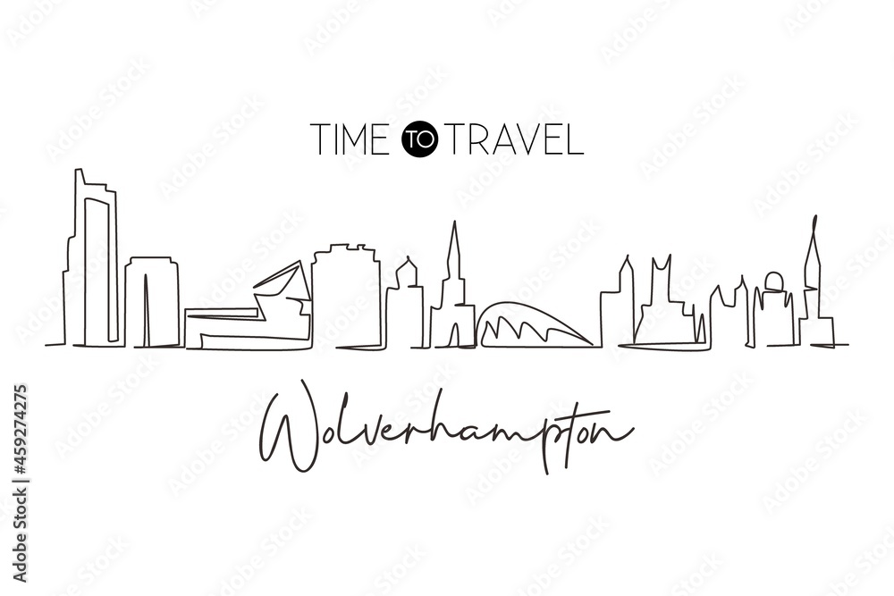 Single continuous line drawing Wolverhampton city skyline, England. World historical town landscape. Best holiday destination postcard print. Editable stroke trendy one line draw graphic design vector