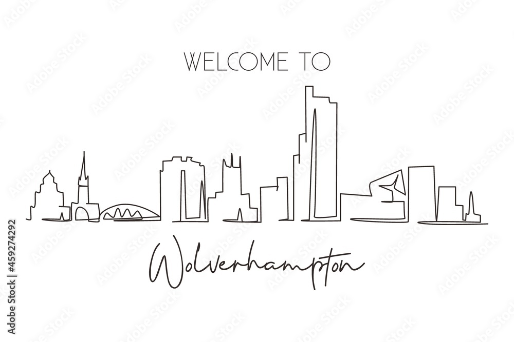 Continuous one line drawing Wolverhampton skyline, England. Famous city scraper landscape. World travel home wall decor art poster print concept. Single line draw design vector graphic illustration