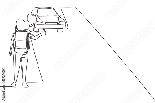 Single one line drawing woman with backpack traveling by auto stop. Car, thumb up, road. Vacation and trip concept for banner, website. Modern continuous line draw design graphic vector illustration