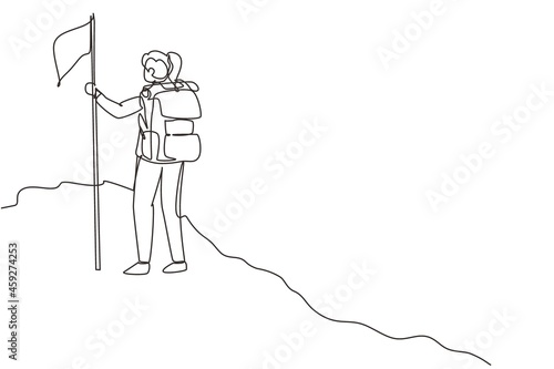 Continuous one line drawing young girl with backpack standing on top of the mountain, female climber reached the summit, summer holidays adventure. Single line draw design vector graphic illustration