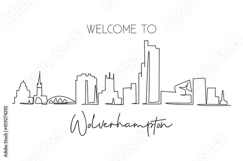 Continuous one line drawing Wolverhampton skyline  England. Famous city scraper landscape. World travel home wall decor art poster print concept. Single line draw design vector graphic illustration