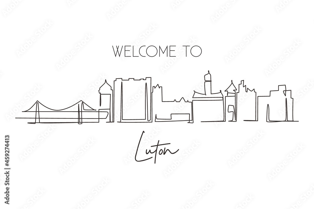 Continuous one line drawing Luton city skyline, England. Famous city for wall decor print. Best world travel destination concept. Editable stroke single line draw design vector graphic illustration
