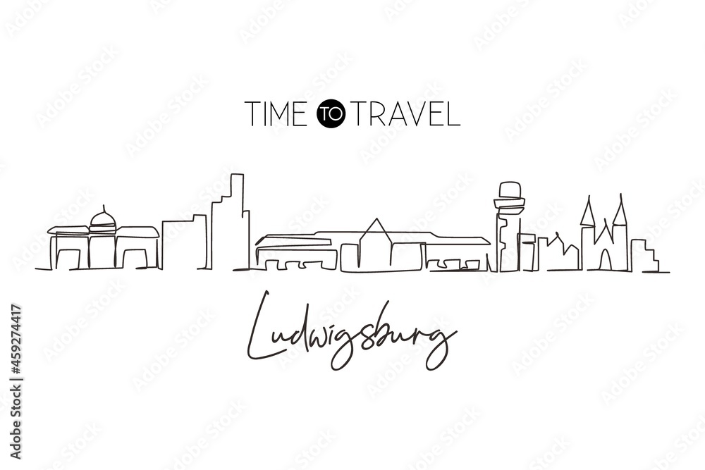 Single continuous line drawing Ludwigsburg skyline, Germany. Famous city scraper landscape. World travel home wall decor art poster print concept. One line draw graphic design vector illustration