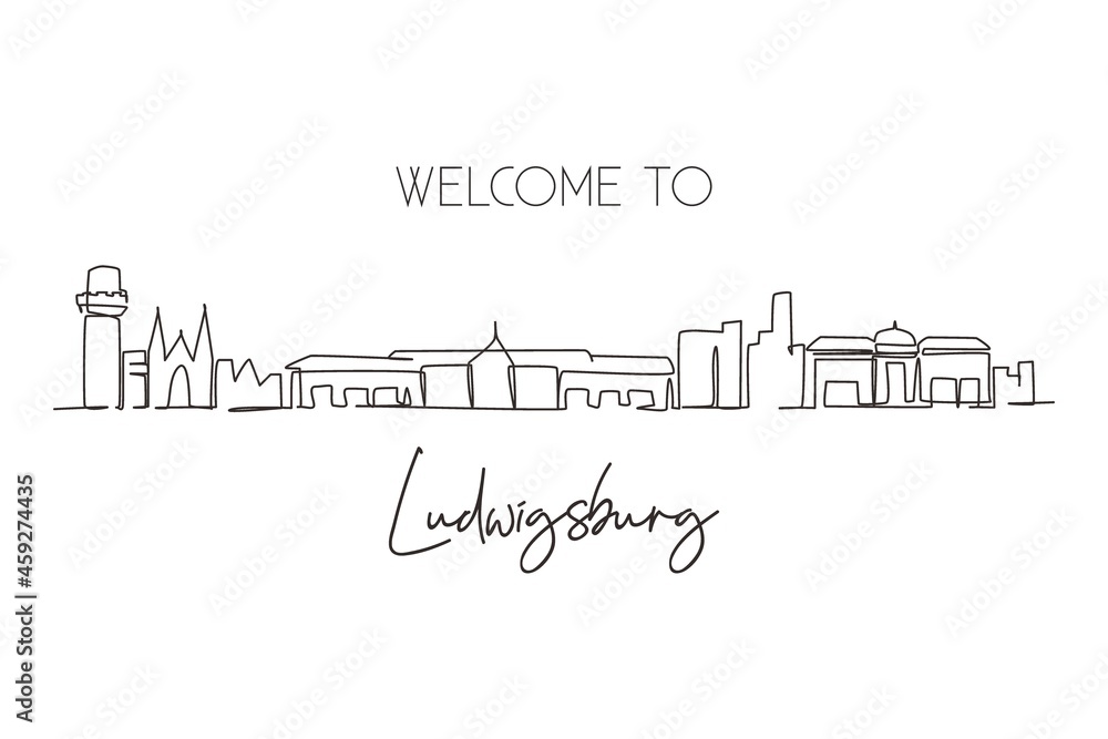 Single continuous line drawing Ludwigsburg city skyline, Germany. World historical town landscape. Best holiday destination postcard. Editable stroke trendy one line draw design vector illustration