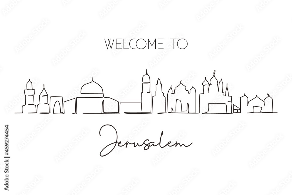 Single one line drawing Jerusalem city skyline, Palestine. Famous holy city for wall decor print. World travel concept. Editable stroke modern continuous line draw design graphic vector illustration