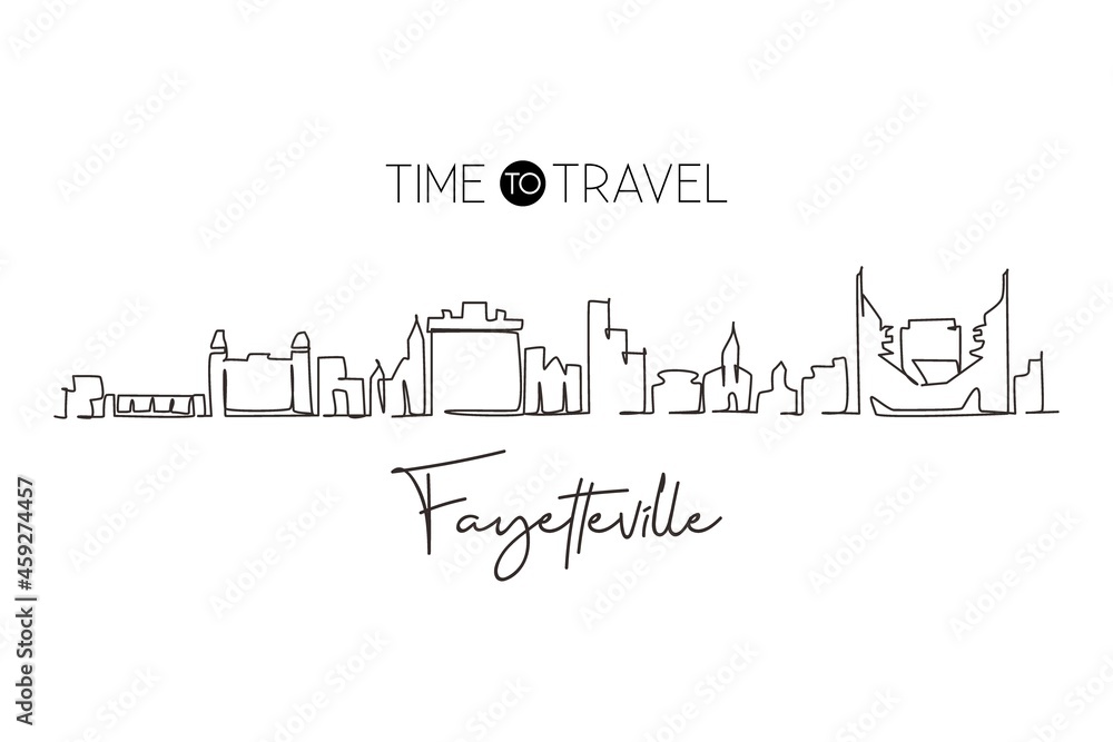 Continuous one line drawing Fayetteville city skyline, Arkansas. World historical town landscape. Best holiday destination postcard print. Editable stroke trendy Single line draw design vector graphic