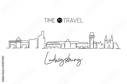 Single continuous line drawing Ludwigsburg skyline, Germany. Famous city scraper landscape. World travel home wall decor art poster print concept. One line draw graphic design vector illustration