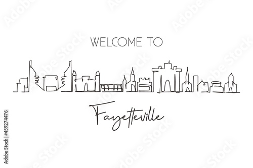 Single one line drawing Fayetteville skyline, Arkansas. Famous city scraper landscape. World travel home wall decor art poster print concept. Continuous line draw design graphic vector illustration