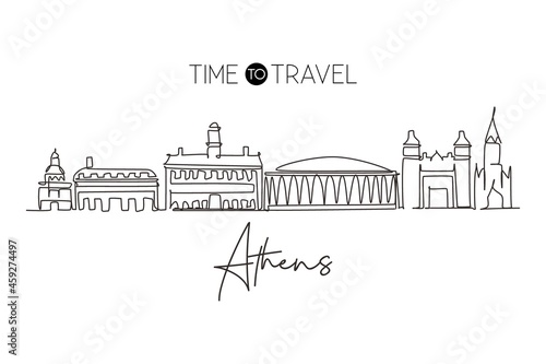 Continuous one line drawing Athens city skyline, Ohio. Beautiful landmark. Beautiful world landscape tourism travel wall decor poster, postcard. Single line draw design vector graphic illustration