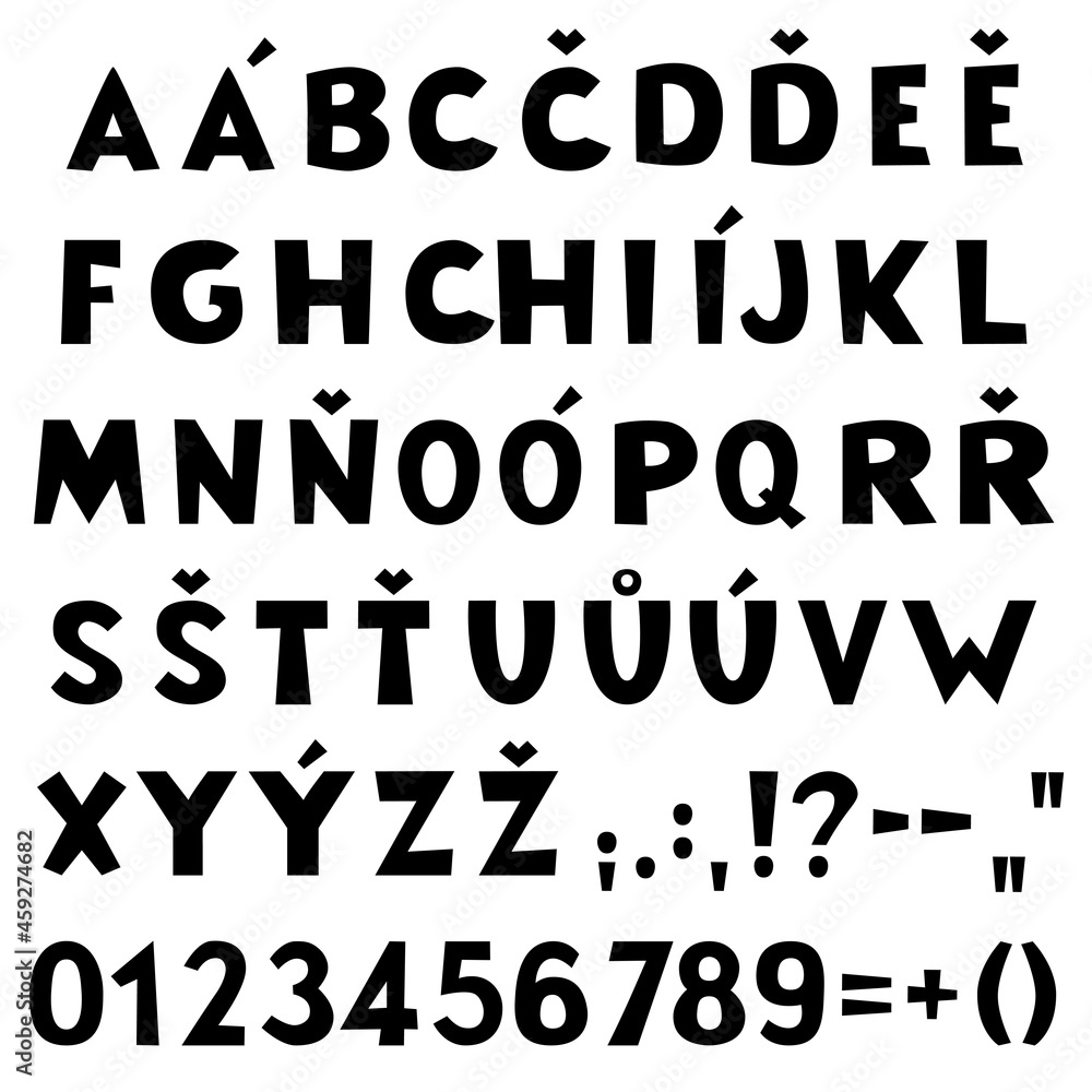 comic cartoon alphabet with characters for czech language and numbers, vector isolated on white background, letters isolated on white comic cartoon alphabet with characters for czech language and numbers, vector isolated on white background, letters isolated on white