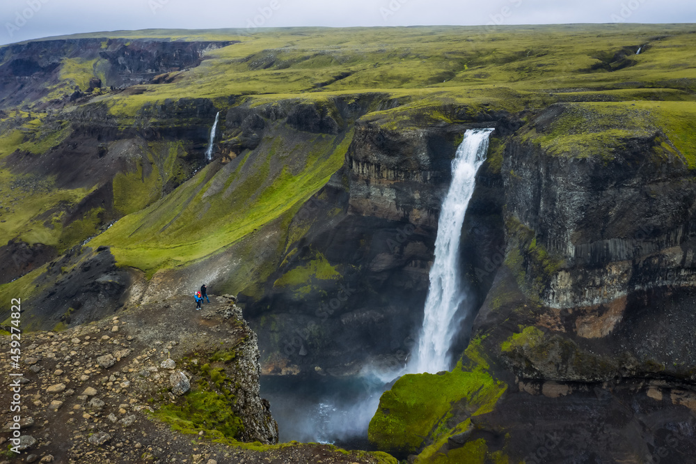 Aerial view of Haifoss Waterfall in Landmannalaugar canyon, Iceland Aerial view of Haifoss Waterfall in Landmannalaugar canyon, Iceland