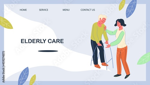Elderly people Health Care website banner template with nurse caregiver helping aged man. Medical services for old people and nursing house website page, flat vector illustration.