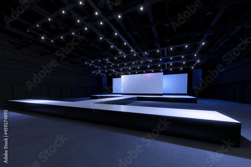 Empty stage Design for mockup and Corporate identity,Display.Platform elements in hall.Blank screen system for Graphic Resources.Scene event led night light staging,3D render. photo