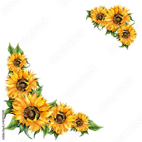 Sunflowers watercolor painting corner frame. Autumn frame, thanksgiving, harvest festival, yellow flowers. Botanical border isolated on white background. Drawn by hand .