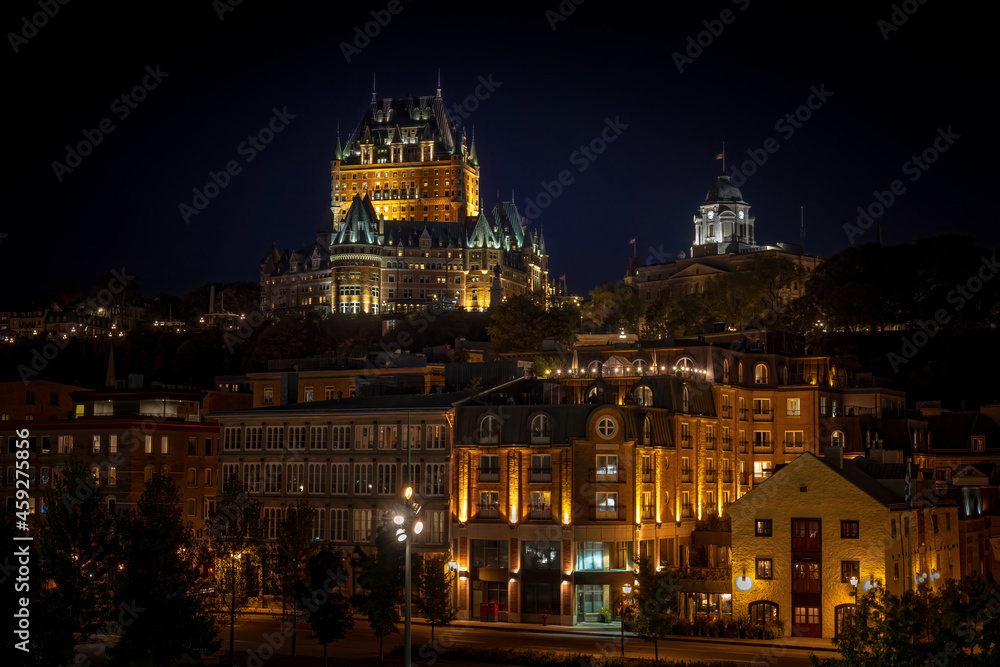 view of the historic center of Quebec City at night.