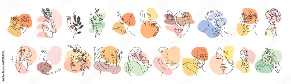 Modern abstract line minimalistic women faces arts set with different shapes for wall decoration, postcard or brochure cover design. Different woman faces. One line art. Vector illustrations design Modern abstract line minimalistic women faces arts set with different shapes for wall decoration, postcard or brochure cover design. Different woman faces. One line art. Vector illustrations design