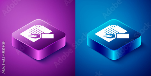 Isometric Exam sheet and pencil with eraser icon isolated on blue and purple background. Test paper, exam, or survey concept. School test or exam. Square button. Vector
