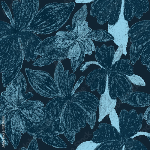 Creative seamless pattern with abstract flowers drawn with wax crayons. Brigh...