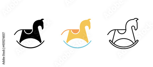 Rocking horse-donkey toy icon set. Fun and game icon. Child toy set. Editable row set. Silhouette, colored, linear icon set.