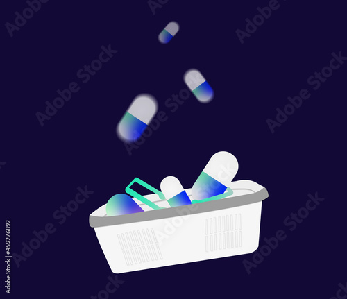 Tablets and capsule pills. Online drug delivery. Basket of medicinal products Medicines home delivery. Medicine.