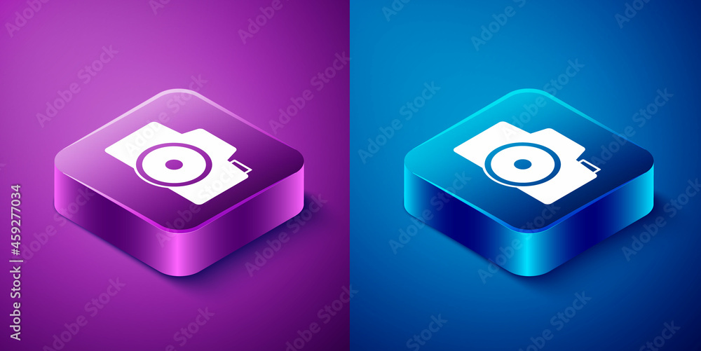 Isometric Photo camera icon isolated on blue and purple background. Foto camera. Digital photography. Square button. Vector Isometric Photo camera icon isolated on blue and purple background. Foto camera. Digital photography. Square button. Vector