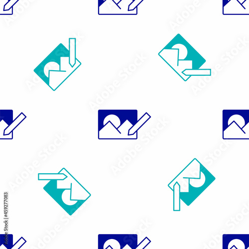 Blue Photo retouching icon isolated seamless pattern on white background. Photographer, photography, retouch icon. Vector