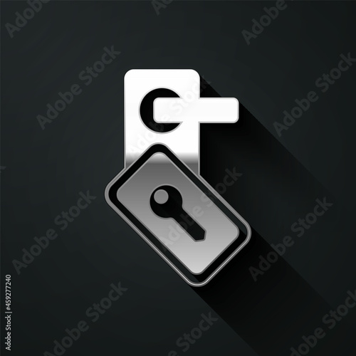 Silver Digital door lock with wireless technology for unlock icon isolated on black background. Door handle sign. Security smart home. Long shadow style. Vector