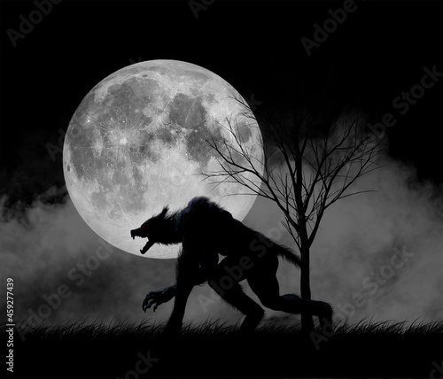 Canvas Print Illustration of a werewolf in silhouette against a full moon with a bare tree an