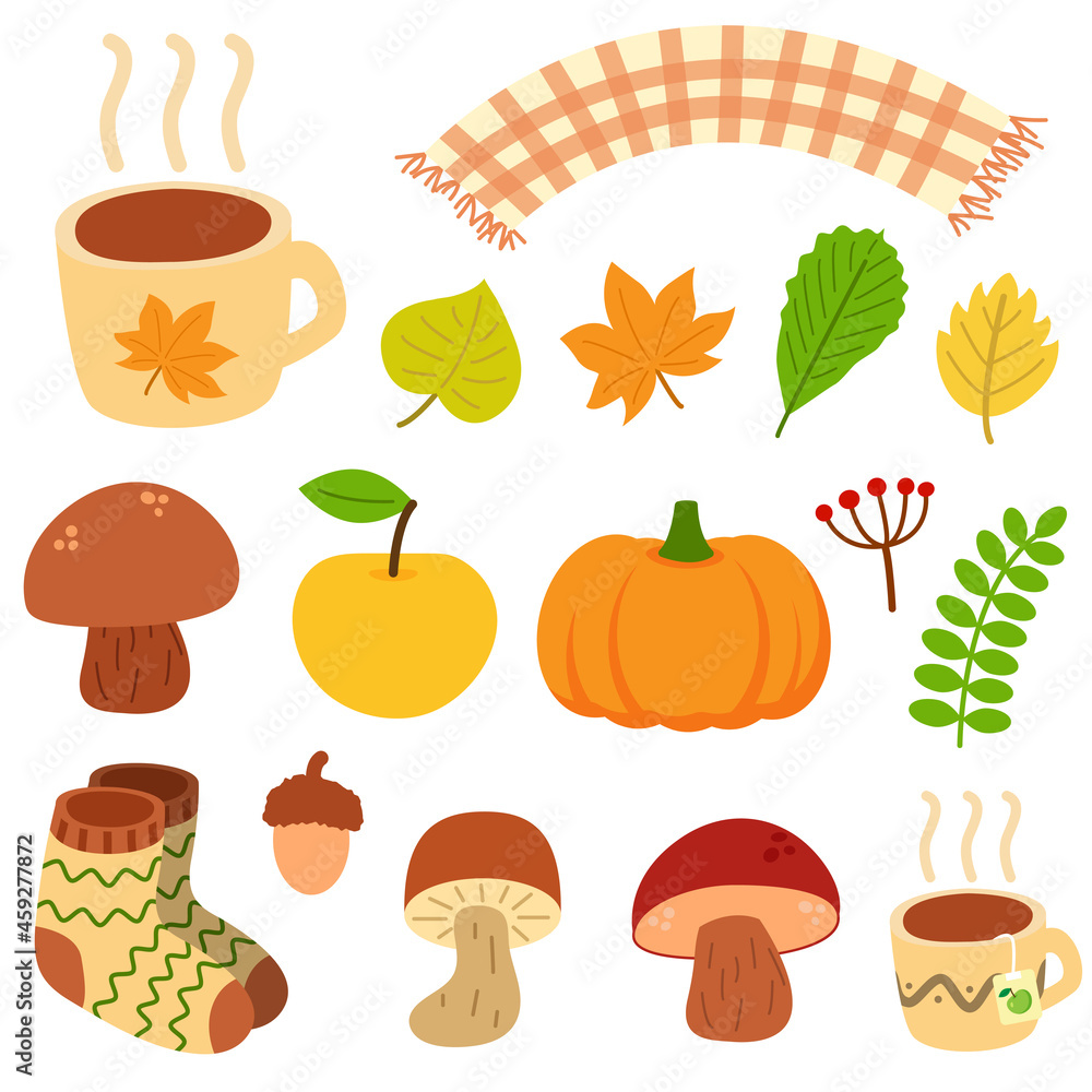 Set of different autumn natural elements. Fall leaves, mushrooms, berries, acorn, apple and pumpkin. Mug with tea or cacao, warm socks and scarf. Print for stickers, seasonal design and decor Set of different autumn natural elements. Fall leaves, mushrooms, berries, acorn, apple and pumpkin. Mug with tea or cacao, warm socks and scarf. Print for stickers, seasonal design and decor
