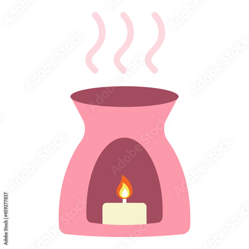 Oil burner for scent with burning candle. Aromatherapy and spa concept. Aroma oil and candle for relaxation. Accessories for relax therapy and massage. Homeopathy and ayurveda therapy