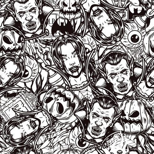 Halloween monochrome vintage seamless pattern