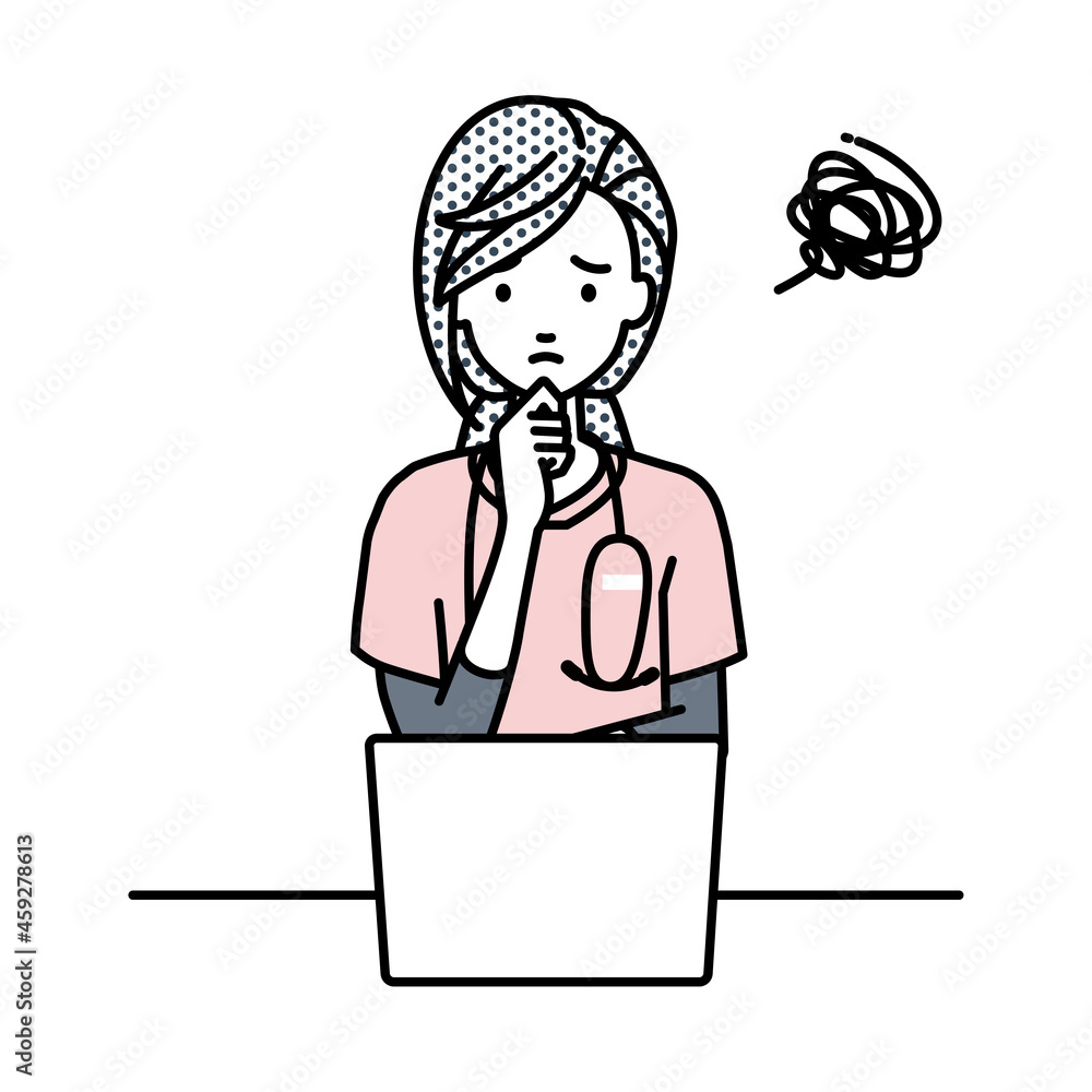 デスクで座ってPCを開いて困っている看護師の女性