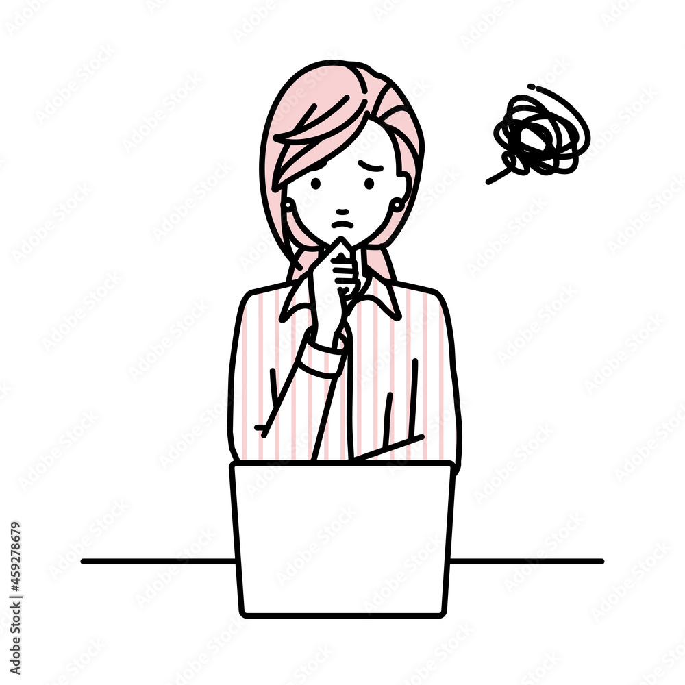 デスクで座ってPCを開いて困っているブラウスの女性