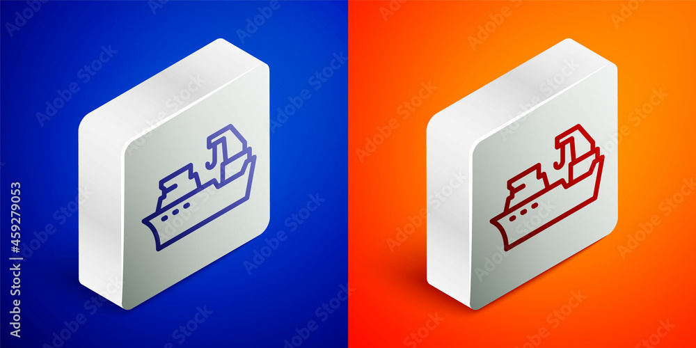 Isometric line Fishing boat icon isolated on blue and orange background. Fishing trawler. Silver square button. Vector Isometric line Fishing boat icon isolated on blue and orange background. Fishing trawler. Silver square button. Vector
