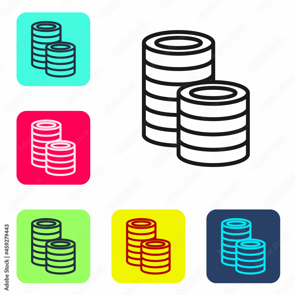 Black line Casino chips icon isolated on white background. Casino gambling. Set icons in color square buttons. Vector Black line Casino chips icon isolated on white background. Casino gambling. Set icons in color square buttons. Vector