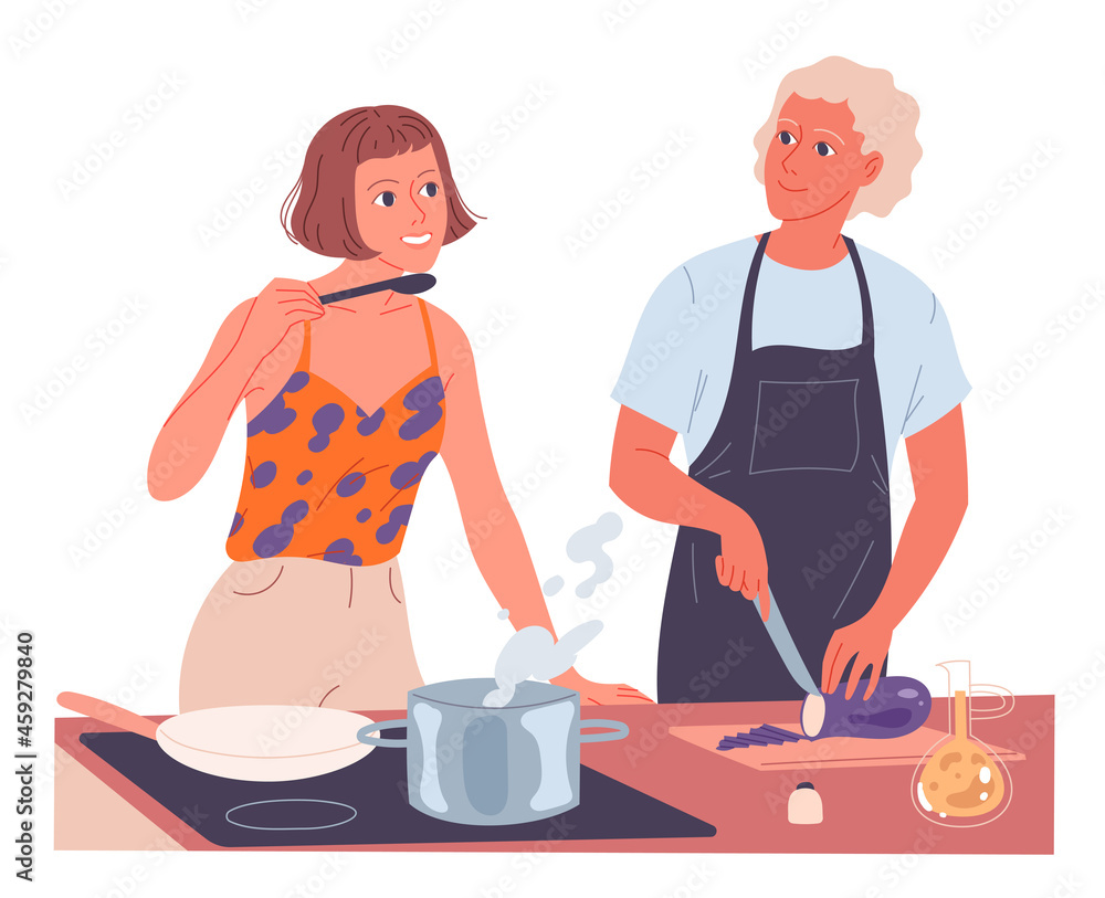 Couple cooking together. Woman cooks on the stove, man chops vegetables Couple cooking together. Woman cooks on the stove, man chops vegetables