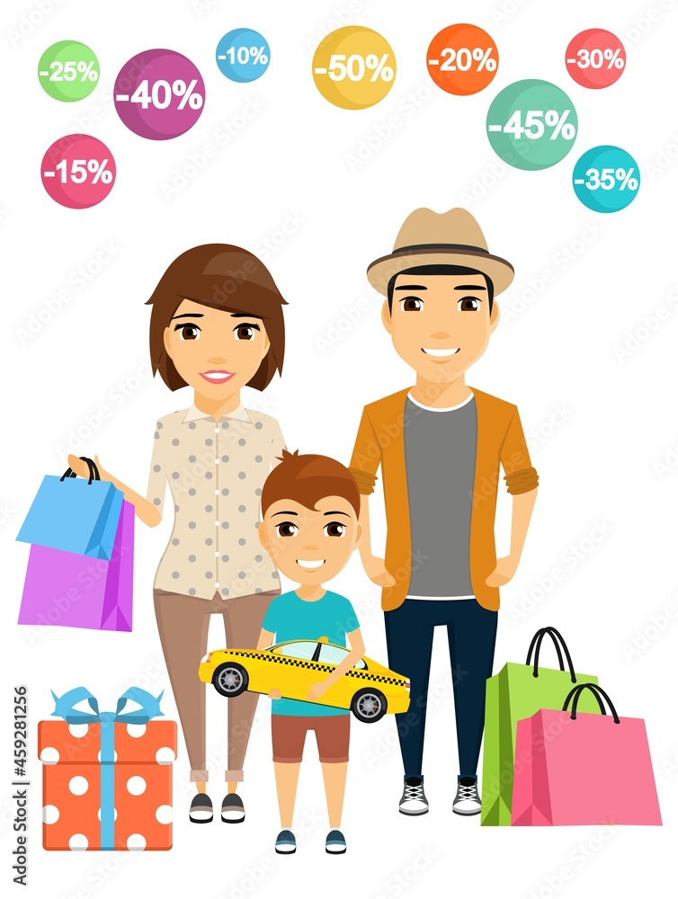 Family shopping. Happy parents and kid with lots of shopping. Vector illustration in a flat style. Cartoon Family shopping. Happy parents and kid with lots of shopping. Vector illustration in a flat style. Cartoon