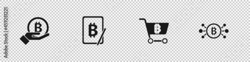 Set Hand holding Bitcoin, Mining bitcoin from tablet, Shopping cart with and circuit icon. Vector