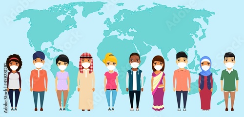 Young people in protective masks of different nationalities on the background of the world map. Asian, Latin American, African, European, Indian, Arabic. Flat style. Cartoon

