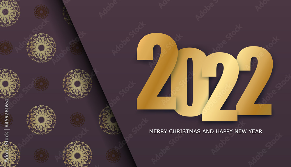 Postcard template 2022 Happy New Year burgundy color with winter gold ornament