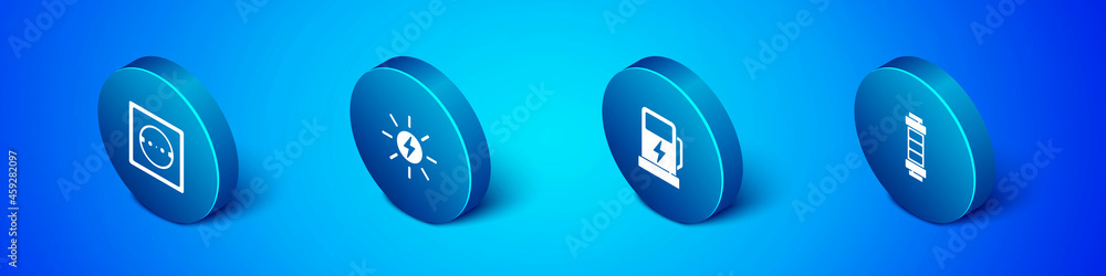 Set Isometric Electrical outlet, car charging station, Battery and Solar energy panel icon. Vector Set Isometric Electrical outlet, car charging station, Battery and Solar energy panel icon. Vector