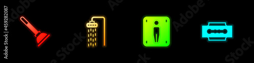 Set Rubber plunger, Shower, Male toilet and Blade razor icon. Vector