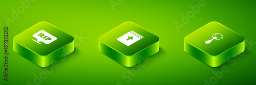 Set Isometric Holy bible book, Tie and Speech bubble rip death icon. Vector
