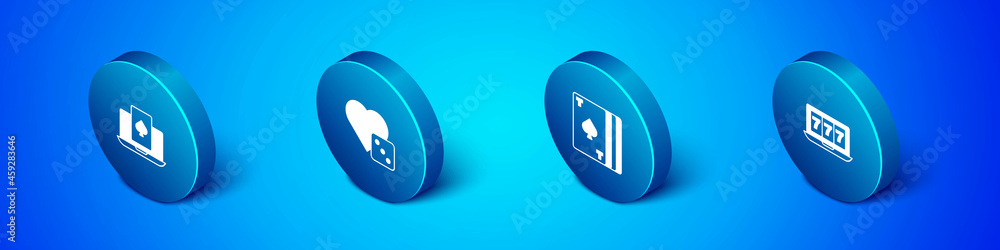 Set Isometric Online poker table game, Deck of playing cards, slot machine with jackpot and Game dice icon. Vector Set Isometric Online poker table game, Deck of playing cards, slot machine with jackpot and Game dice icon. Vector